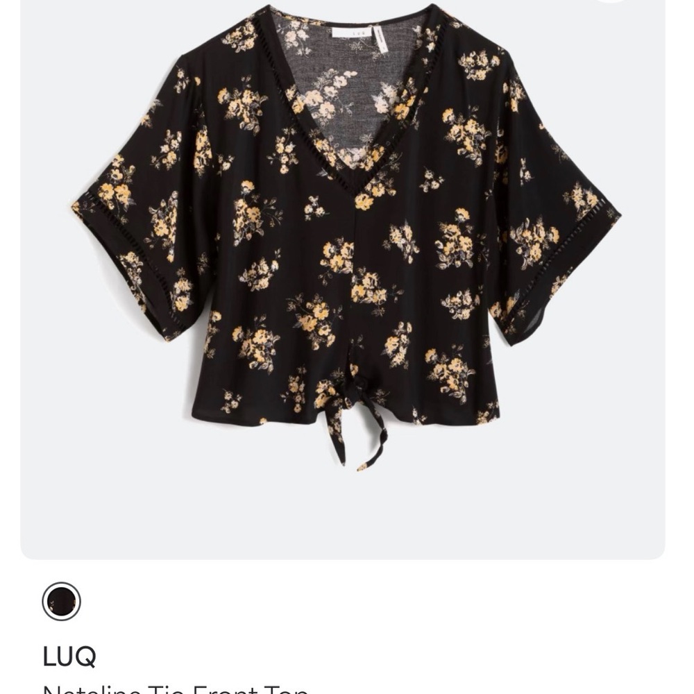 LUQ Black Floral Tie Front Top
